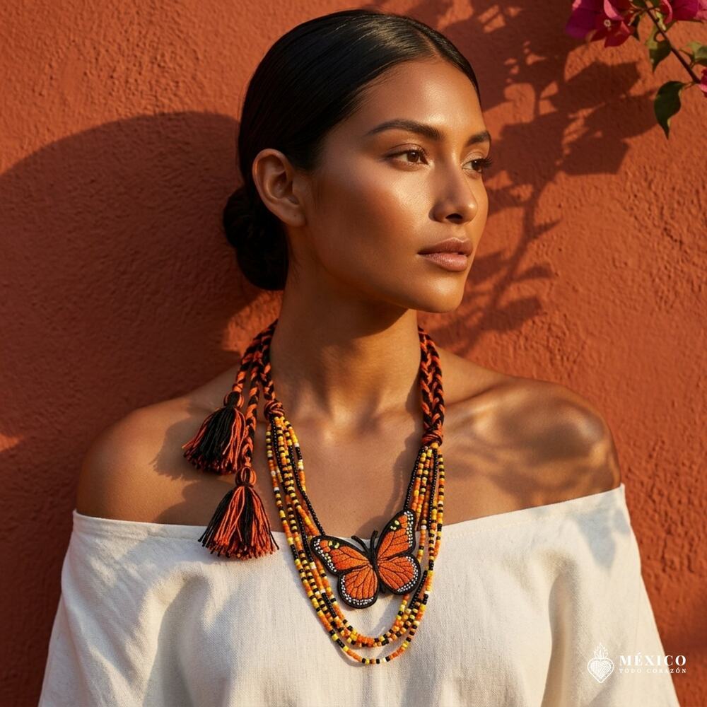 Mexican hand made embroidered and beaded necklace monarch butterfly